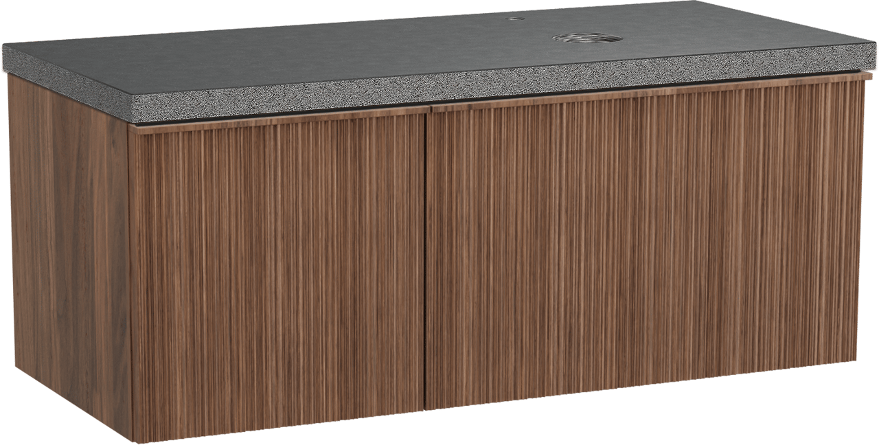 Balmani Forma hängendes Möbelstück Set: 120 x 55 cm, Amerikanischer Nussbaum, mit Rock Waschtisch rechts, Granit, Schwarzes Granit, Vertikale asymmetrische Runde Rippe