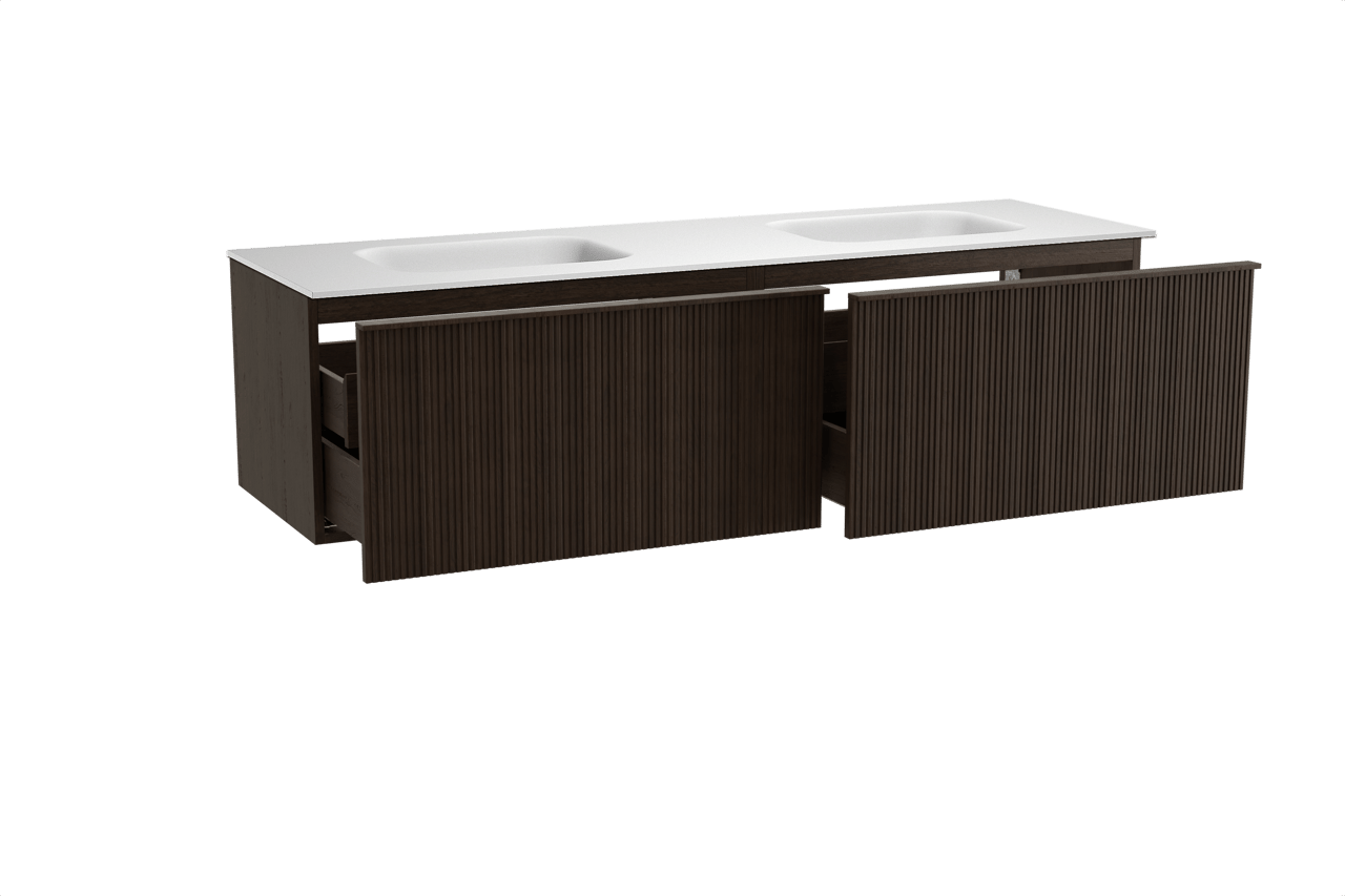 Balmani Forma zwevend badkamermeubel 180 x 55 cm gerookte eik met Tablo Arcato dubbele wastafel in solid surface mat wit, Verticale symmetrische rechte ribbel