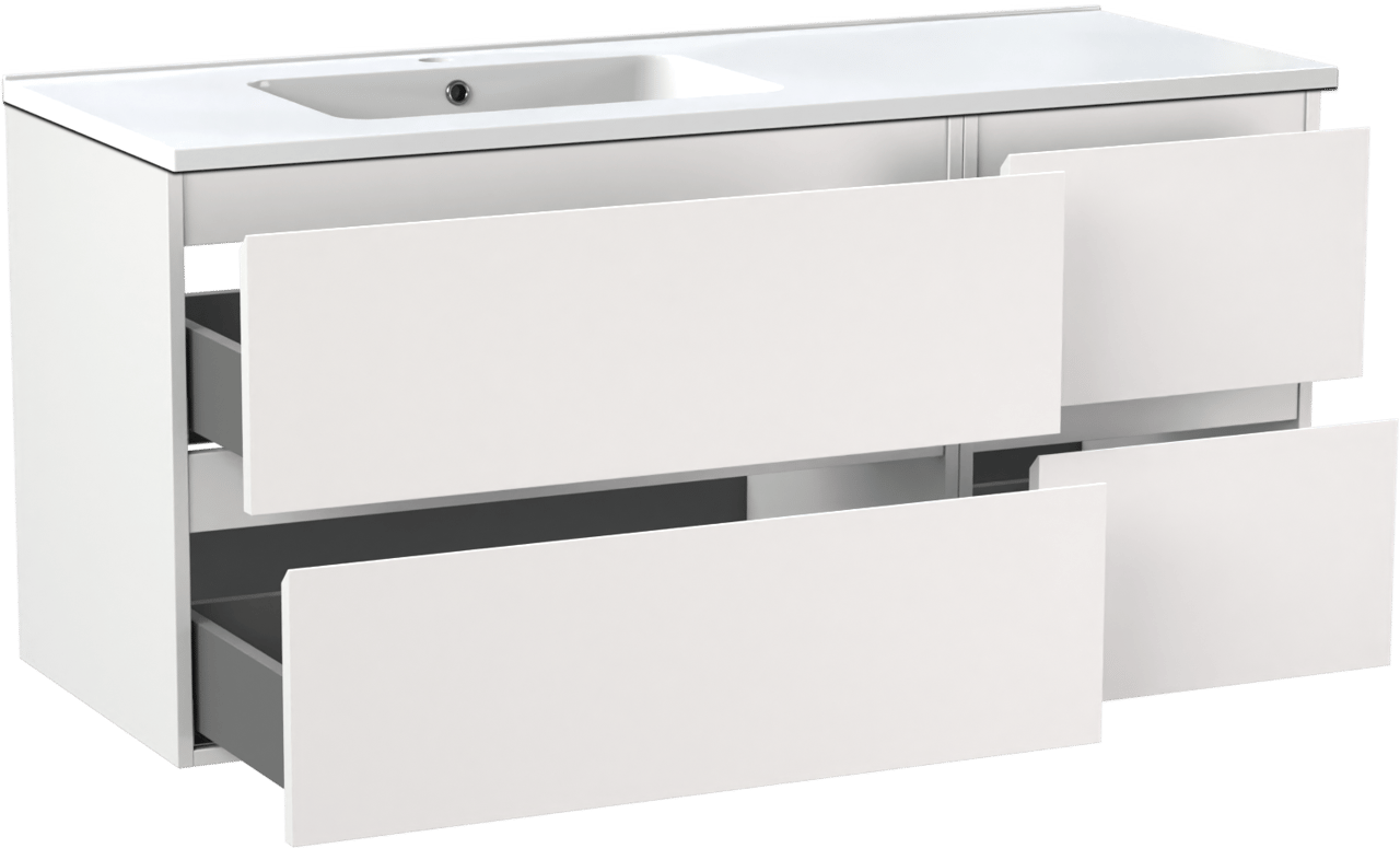 Linie Lado zwevend badmeubel 120 x 46 cm mat wit met Vano asymmetrisch linkse wastafel in composietmarmer hoogglans wit