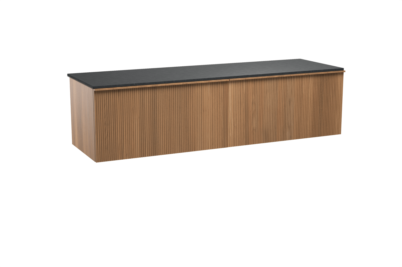 Balmani Forma hängendes Möbelstück Set: 180 x 55 cm, Teak, mit Stretto Einzel- oder Doppel Waschtischplatte, Granit, Schwarzes Granit, Vertikale symmetrische gerade Rippe