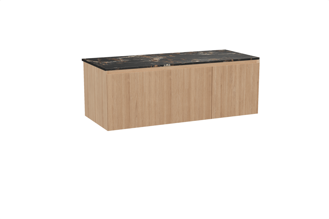 Balmani Fila hängendes Möbelstück Set: 135 x 55 cm, Naturbelassene Eiche, mit Stretto Einzel- oder Doppel Waschtischplatte, Marmor, Portoro Gold, Vertikale symmetrische gerade Rippe