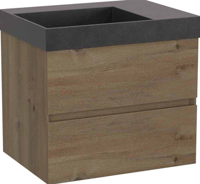 Storke Edge hängendes Möbelstück Set: 60 x 46 cm, Rohe Eiche, mit Jura Waschtisch links, Quarz Schwarz matt