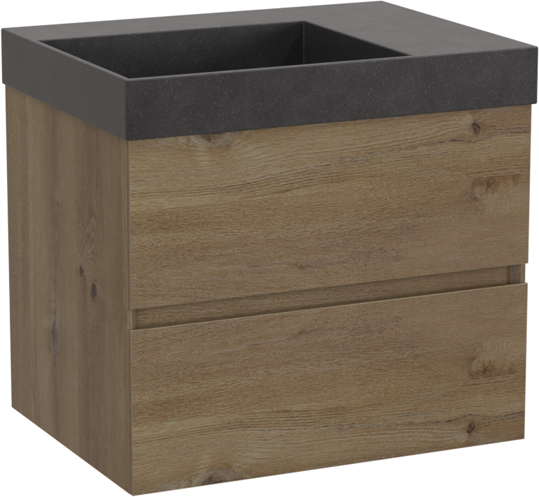 Storke Edge hängendes Möbelstück Set: 60 x 46 cm, Rohe Eiche, mit Jura Waschtisch links, Quarz Schwarz matt