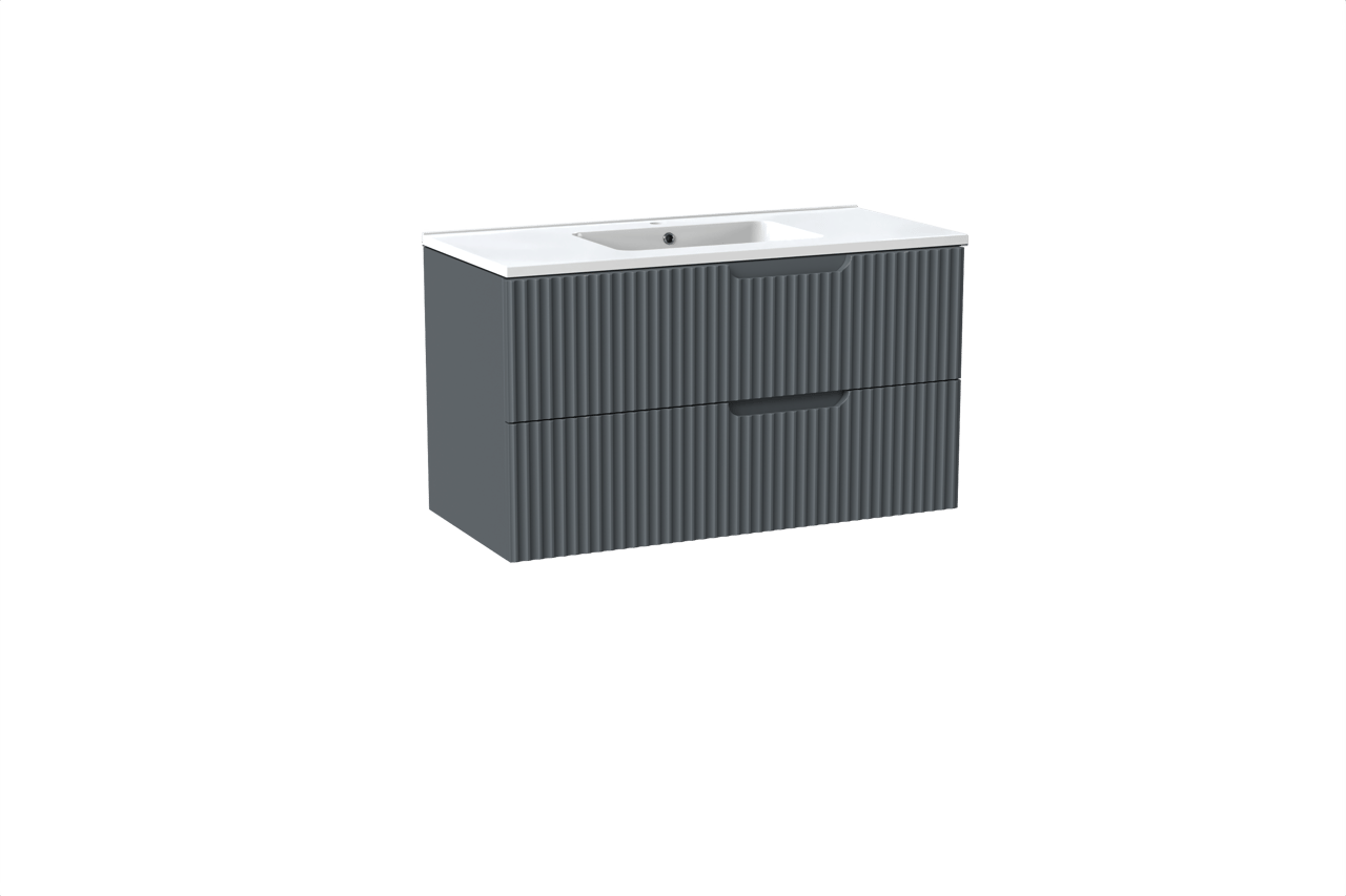 Linie Ribbo meuble salle de bains suspendu 100 x 46 cm bleu anthracite avec Vano plan simple en marbre composite blanc brillant, Nervure circulaire symétrique verticale