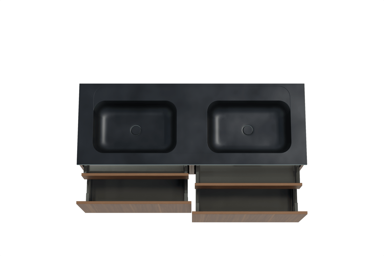 Balmani Sfera zwevend badkamermeubel 150 x 55 cm amerikaanse notelaar met Tablo Strada dubbele wastafel in composietmarmer mat zwart