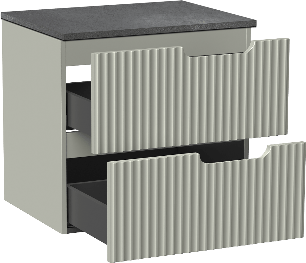 Linie Ribbo zwevend badmeubel 60 x 46 cm greige met Lado enkel wastafelblad in melamine grijze leisteen, Verticale symmetrische ronde ribbel