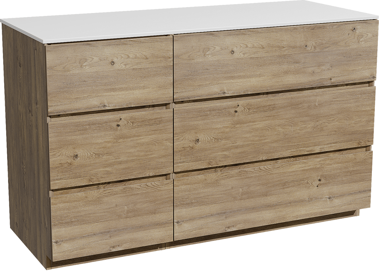 Storke Edge freistehendes Möbelstück Set: 130 x 52 cm, Rohe Eiche, mit Tavola Einzel- oder Doppel Waschtischplatte, Solid Surface Weiß matt