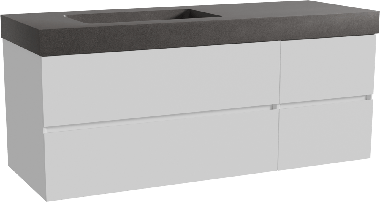 Storke Edge zwevend badmeubel 140 x 52 cm mat wit met Scuro High asymmetrisch linkse wastafel in kwarts mat zwart