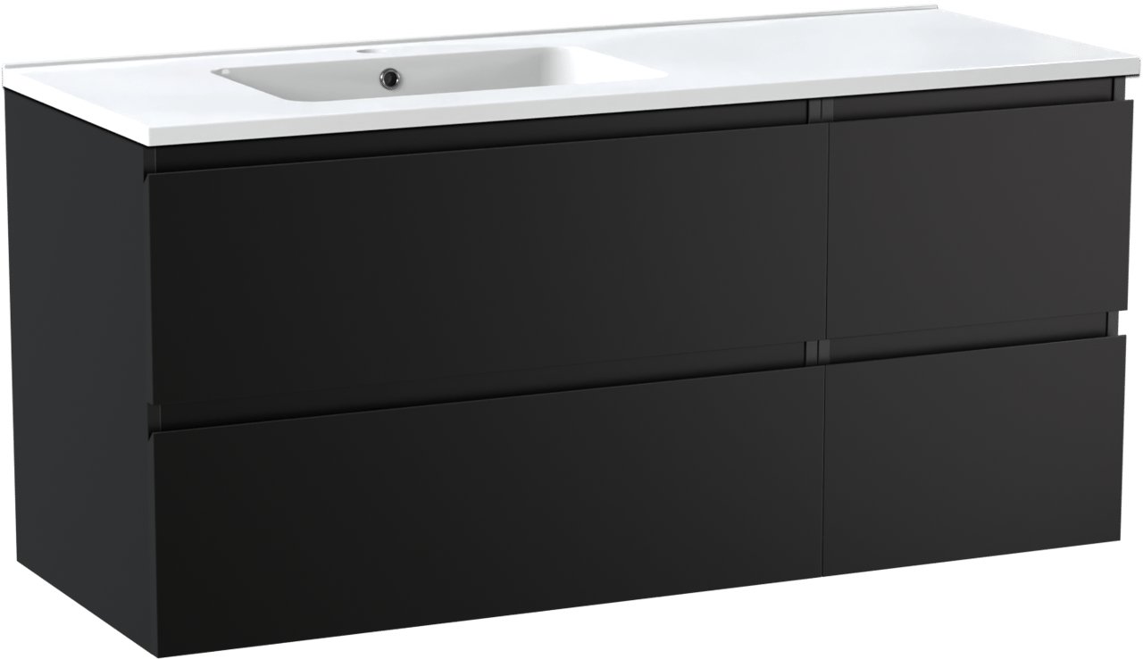 Linie Lado hängendes Möbelstück Set: 120 x 46 cm, Schwarz matt, mit Vano Waschtisch links, Marmorkomposit Weiß glänzend