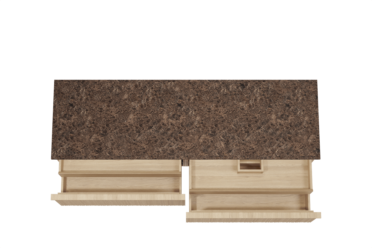 Balmani Forma hängendes Möbelstück Set: 180 x 55 cm, Naturbelassene Eiche, mit Stretto Einzel- oder Doppel Waschtischplatte, Marmor, Dark Emperador, Vertikale asymmetrische Runde Rippe