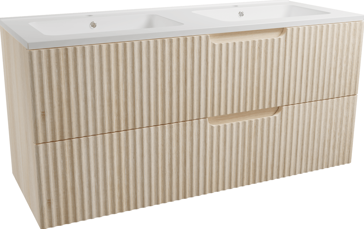 Linie Ribbo zwevend badmeubel 120 x 46 cm licht eiken met Vano dubbele wastafel in composietmarmer hoogglans wit, Verticale symmetrische ronde ribbel