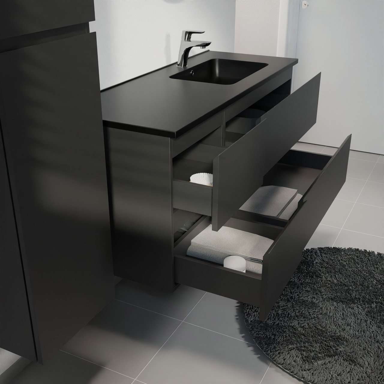 Linie Lado meuble salle de bains suspendu 120 x 46 cm noir mat avec Vano plan vasque asymétrique à droite en marbre composite noir mat