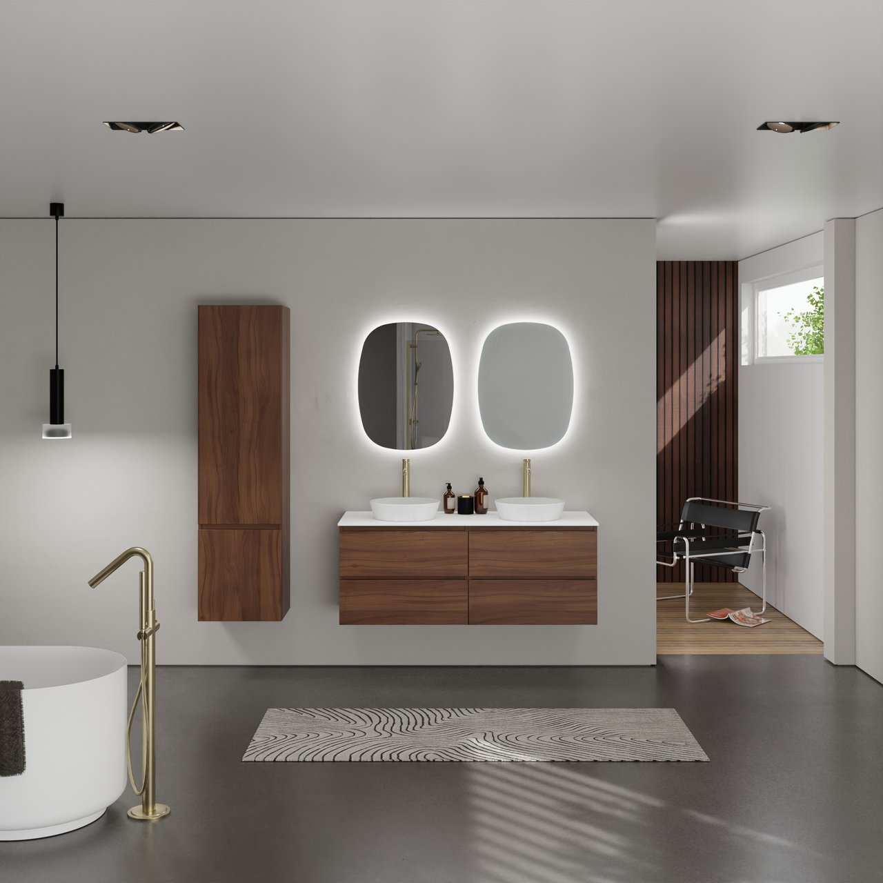 Balmani Lucida meuble salle de bains suspendu 135 x 55 cm noyer américain avec Stretto tablette simple ou double en solid surface blanc mat