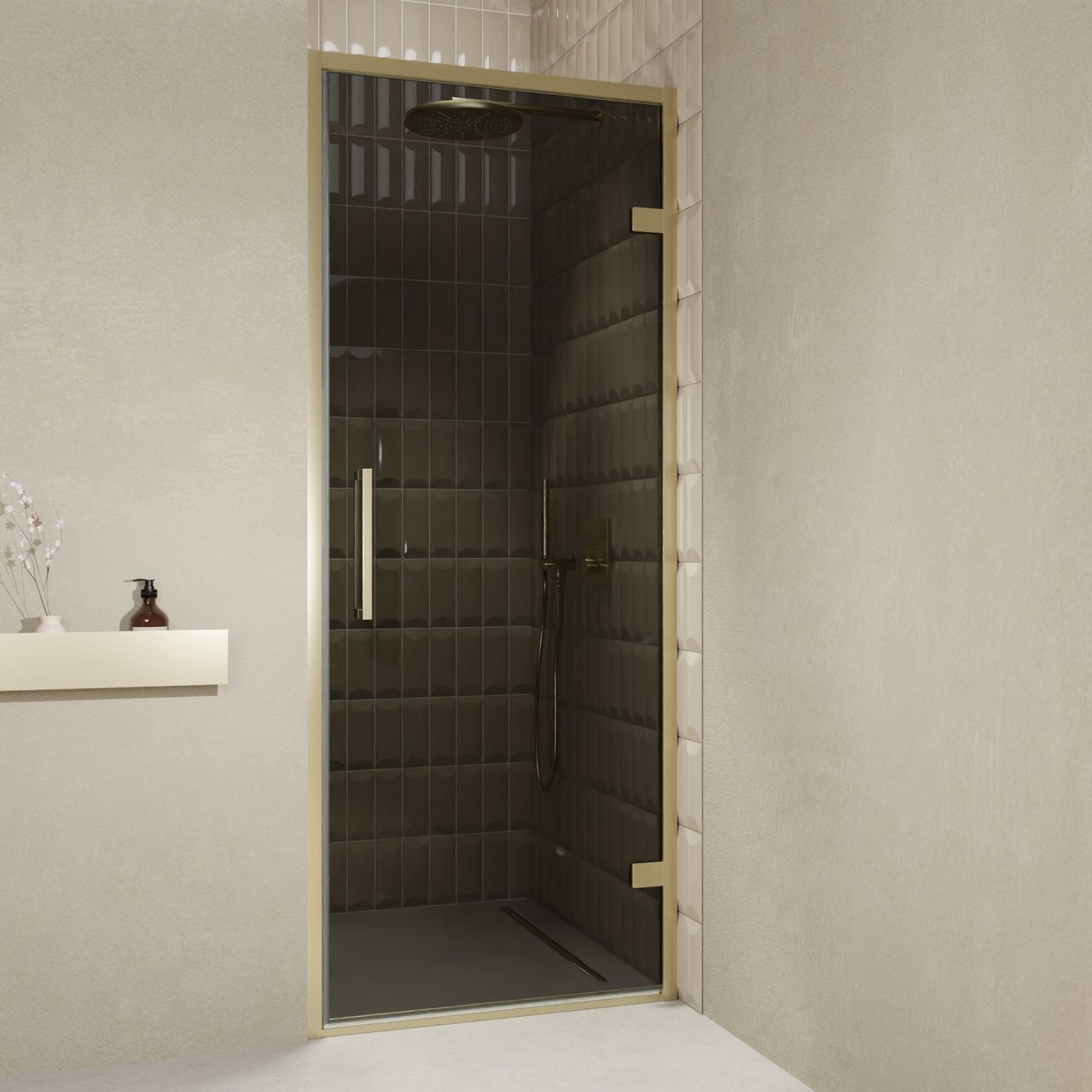 Balmani Senses Design Dusche Drehtür, Rechts, 90 cm x 210 cm, Rauchglas, Profil Brushed Champagner Gold