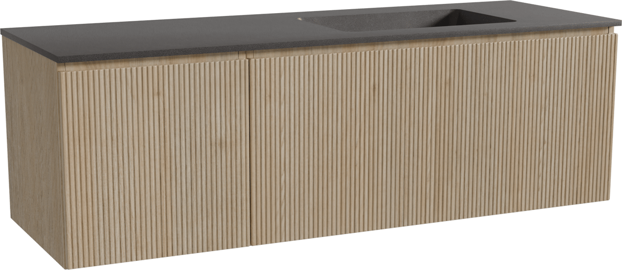 Storke Ribs zwevend badmeubel 150 x 52 cm ruw eiken met Scuro asymmetrisch rechtse wastafel in kwarts mat zwart, Verticale symmetrische rechte ribbel