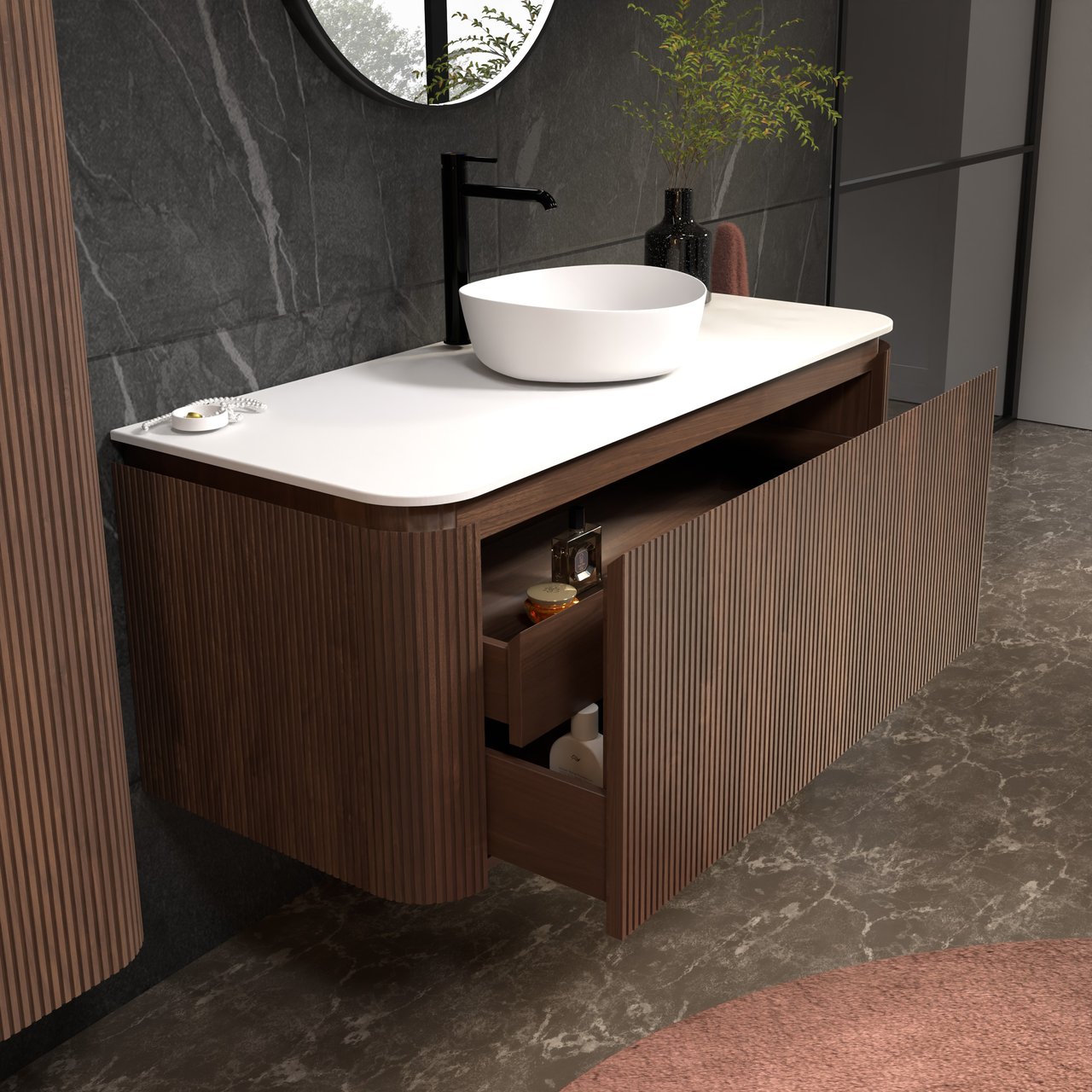 Balmani Moon zwevend badkamermeubel 130 x 55 cm amerikaanse notelaar met Moon enkel of dubbel tablet in solid surface mat wit, Verticale symmetrische rechte ribbel