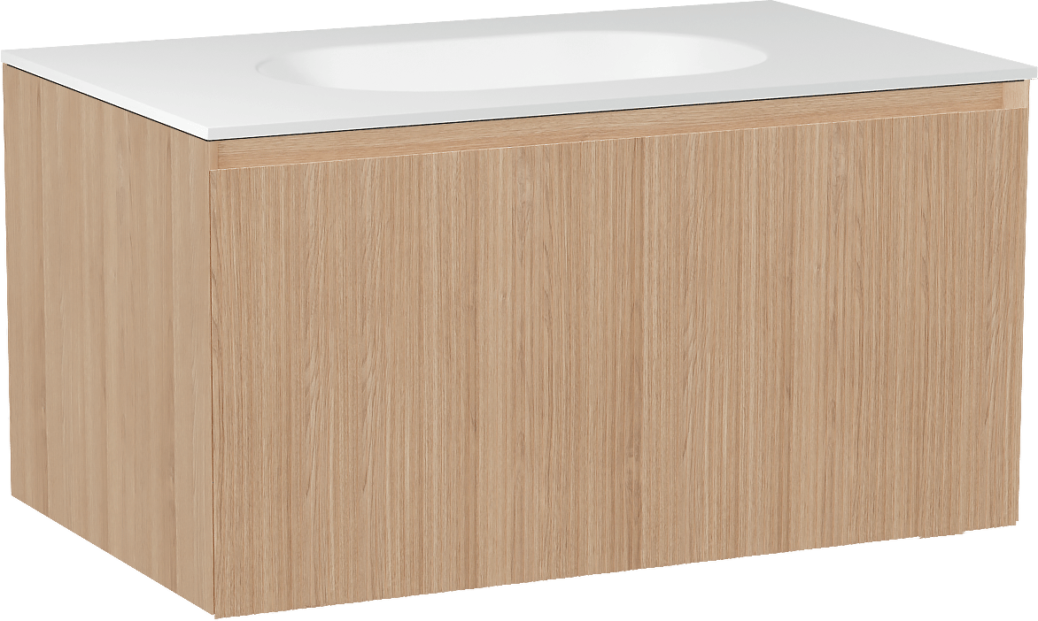 Balmani Fila meuble salle de bains suspendu 90 x 55 cm chêne naturel avec Tablo Oval plan simple en solid surface blanc mat, Nervure droite symétrique verticale
