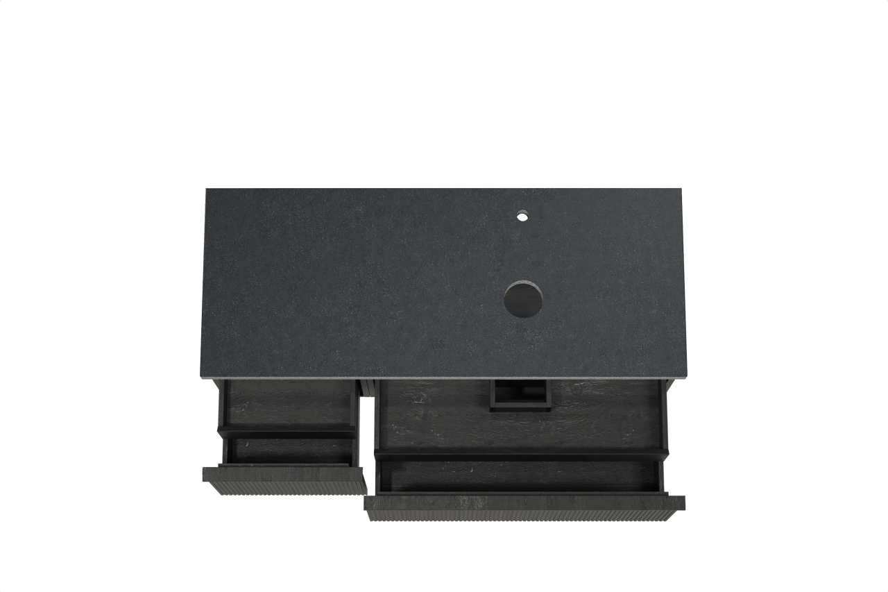 Balmani Forma hängendes Möbelstück Set: 135 x 55 cm, Schwarze Eiche, mit Rock Waschtisch rechts, Granit, Schwarzes Granit, Vertikale symmetrische gerade Rippe