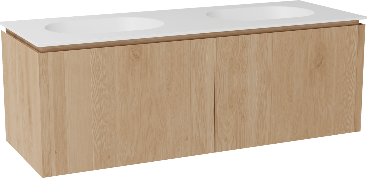 Balmani Eclips meuble salle de bains suspendu 150 x 55 cm Chêne naturelle avec Tablo Oval double vasque en Solid Surface blanc mat