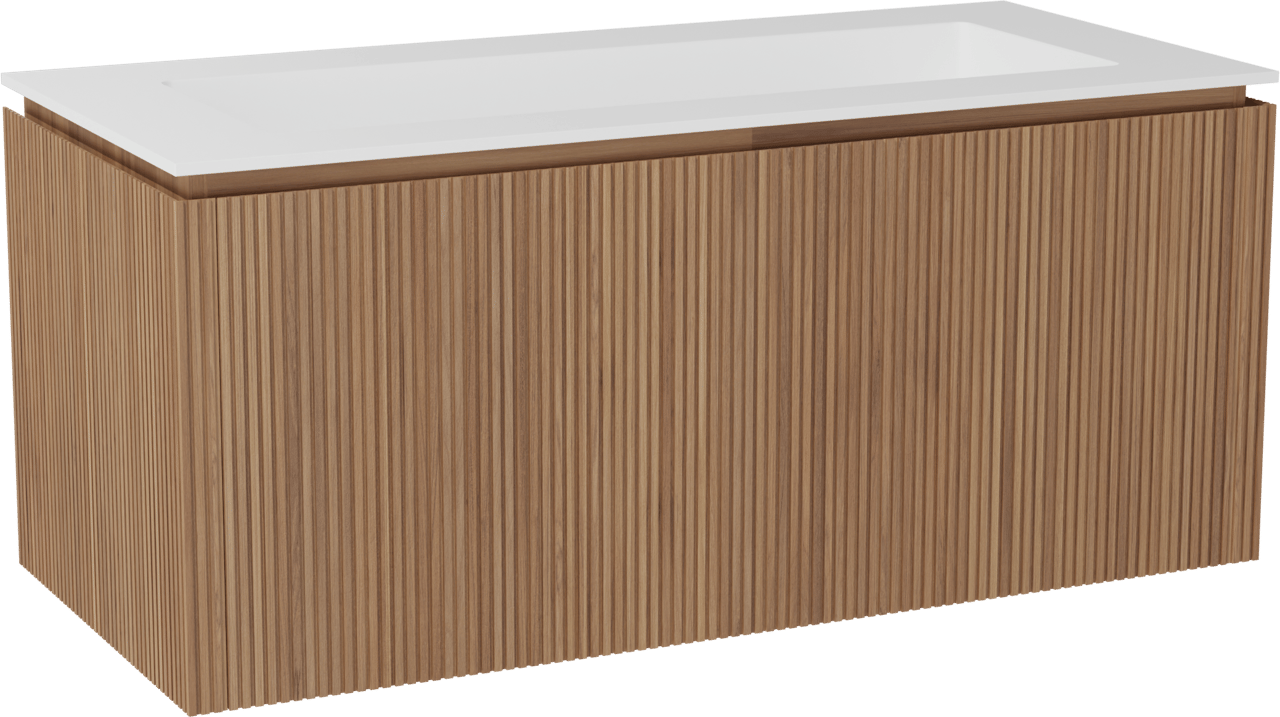 Balmani Eclips hängendes Möbelstück Set: 120 x 55 cm, Teak, mit Tablo Stretto Einzelwaschtisch mit 2 Bohrungen Solid Surface Weiβ matt, Vertikale symmetrische gerade Rippe