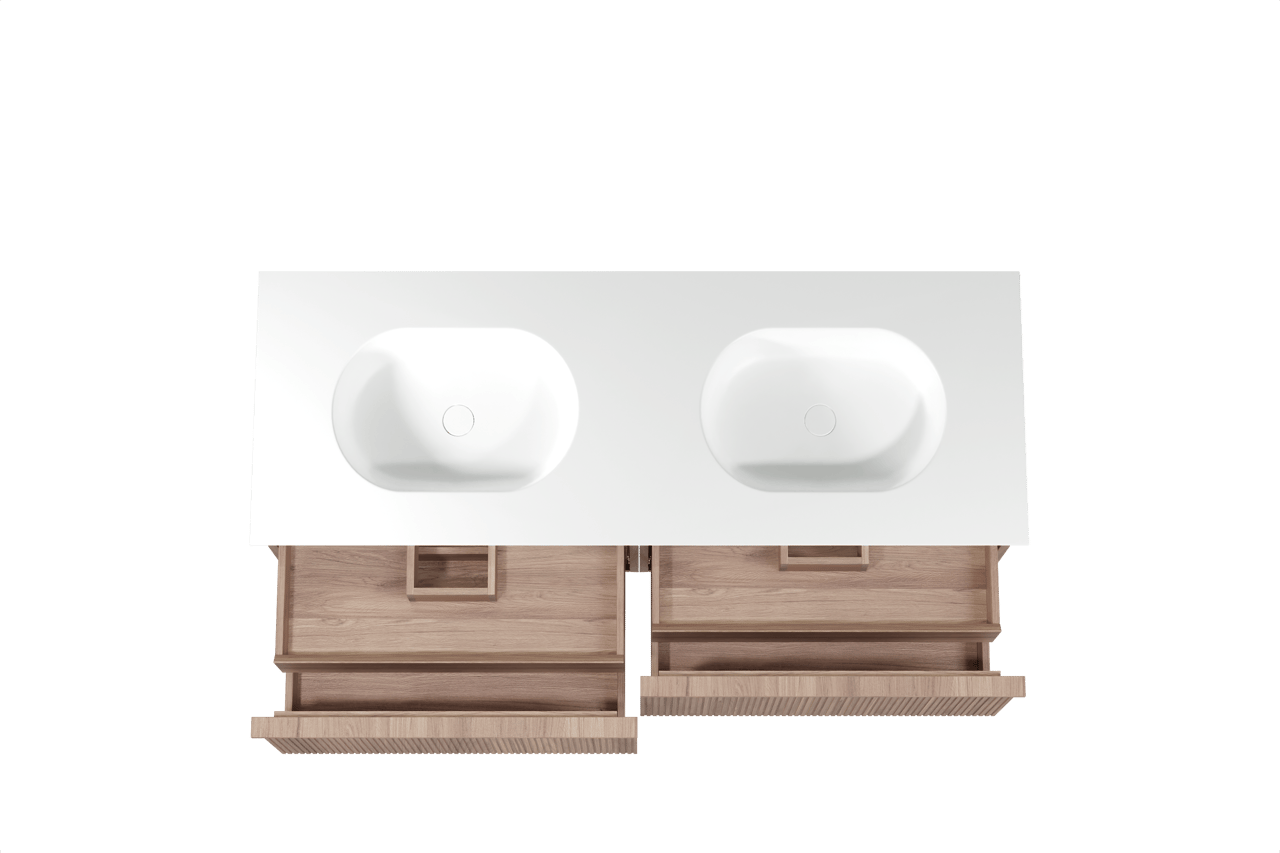 Balmani Forma hängendes Möbelstück Set: 150 x 55 cm, Teak, mit Tablo Oval Doppelwaschtisch, Solid Surface, Weiß matt, Vertikale symmetrische gerade Rippe