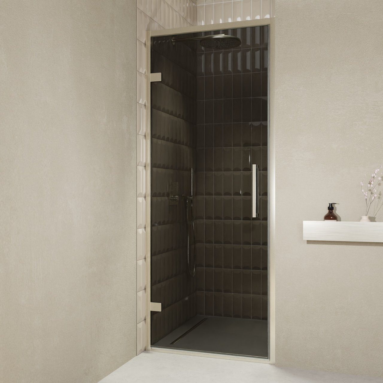 Balmani Senses Design porte pivotante à gauche 90 cm x 210 cm verre fumé, Profil Brushed CoolMetal