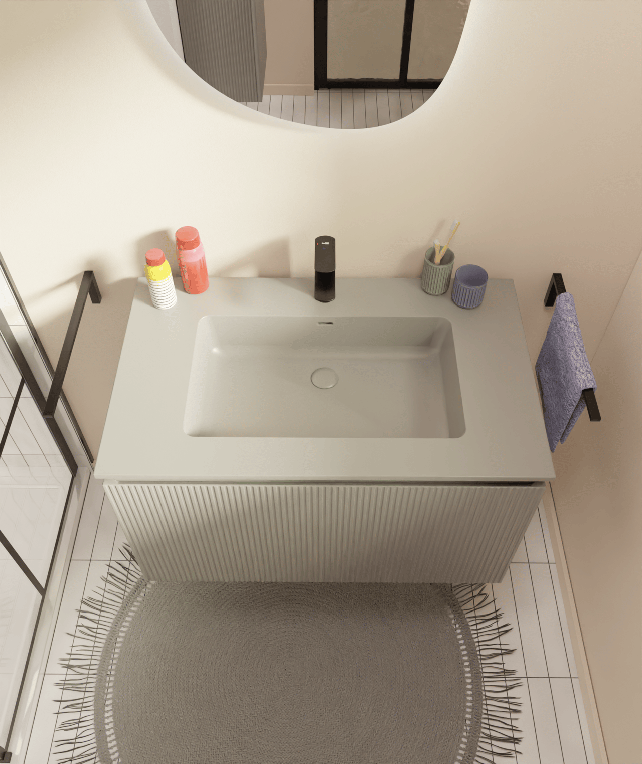 Storke Ribs meuble sous-lavabo suspendu 85 x 52 cm soie grise 2 tiroirs