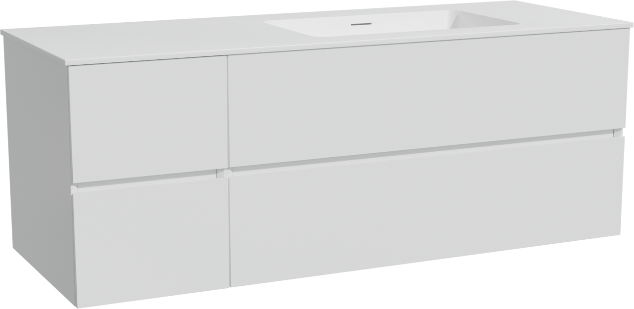 Storke Edge hängendes Möbelstück Set: 140 x 52 cm, Weiß matt, mit Mata Waschtisch rechts, Solid Surface Weiß matt