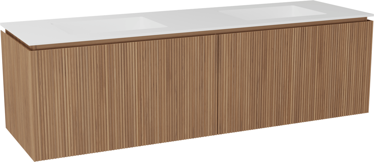 Balmani Eclips hängendes Möbelstück Set: 180 x 55 cm, Teak, mit Tablo Stretto Doppelwaschtisch Solid Surface Weiβ matt, Vertikale symmetrische gerade Rippe