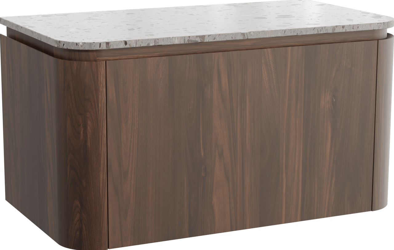 Balmani Moon zwevend badmeubel 100 x 55 cm amerikaans notenhout met Moon enkel wastafelblad in terrazzo greige terrazzo