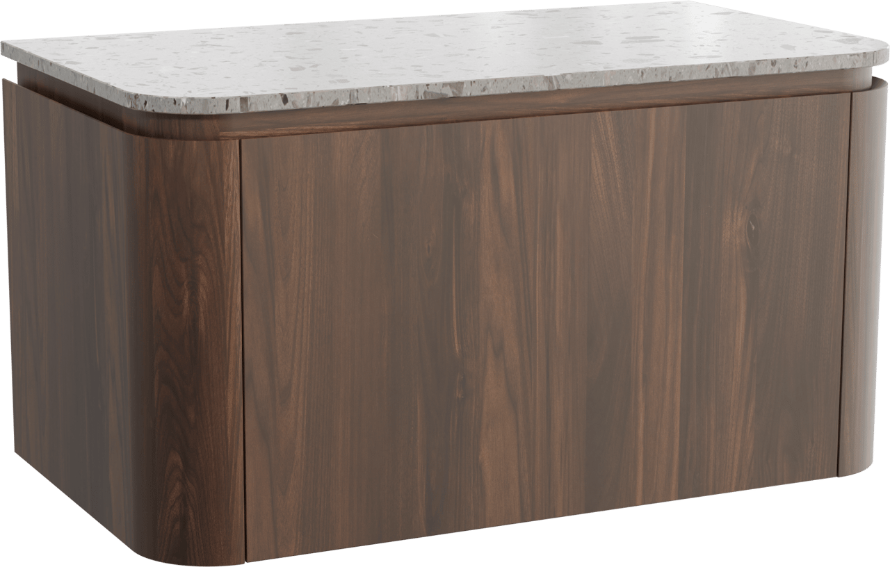 Balmani Moon hängendes Möbelstück Set: 100 x 55 cm, Amerikanischer Nussbaum, mit Moon Einzel Waschtischplatte, Terrazzo in Greige