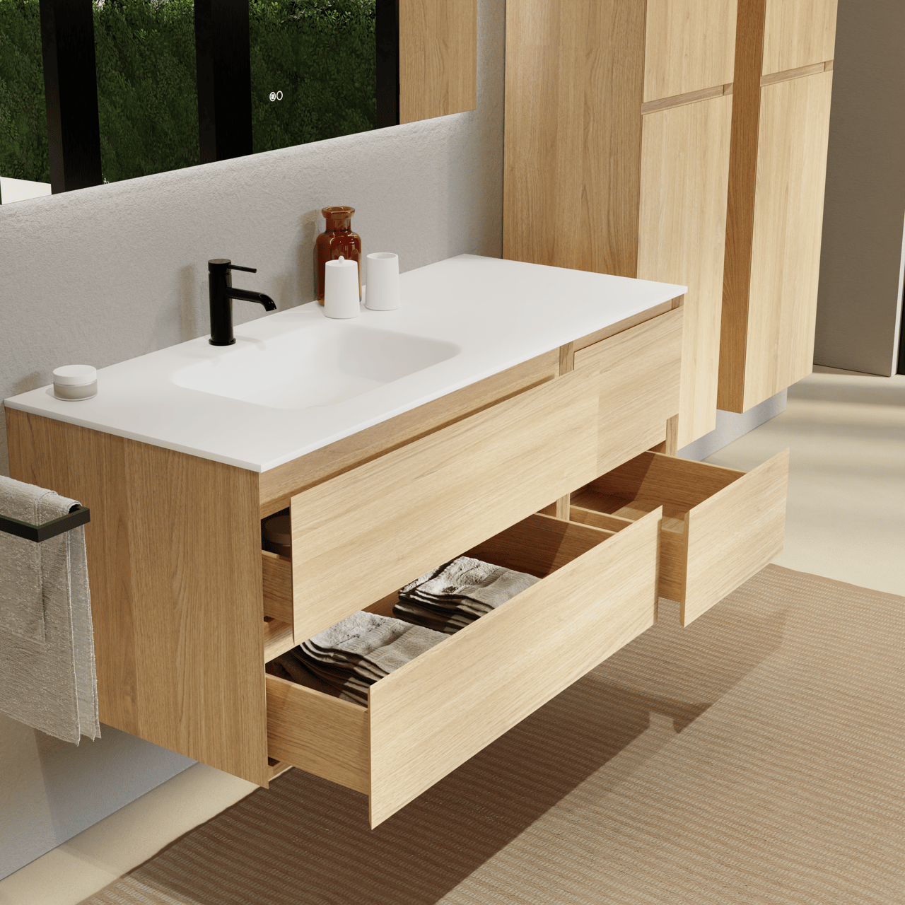 Balmani Mitra hängendes Möbelstück Set: 135 x 55 cm, Naturbelassene Eiche, mit Tablo Arcato Waschtisch links, Solid Surface Weiß matt