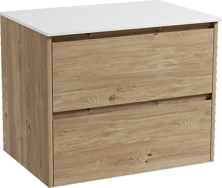 Storke Seda hängendes Möbelstück Set: 75 x 52 cm, Rohe Eiche, mit Tavola Einzel Waschtischplatte, Solid Surface Weiß matt