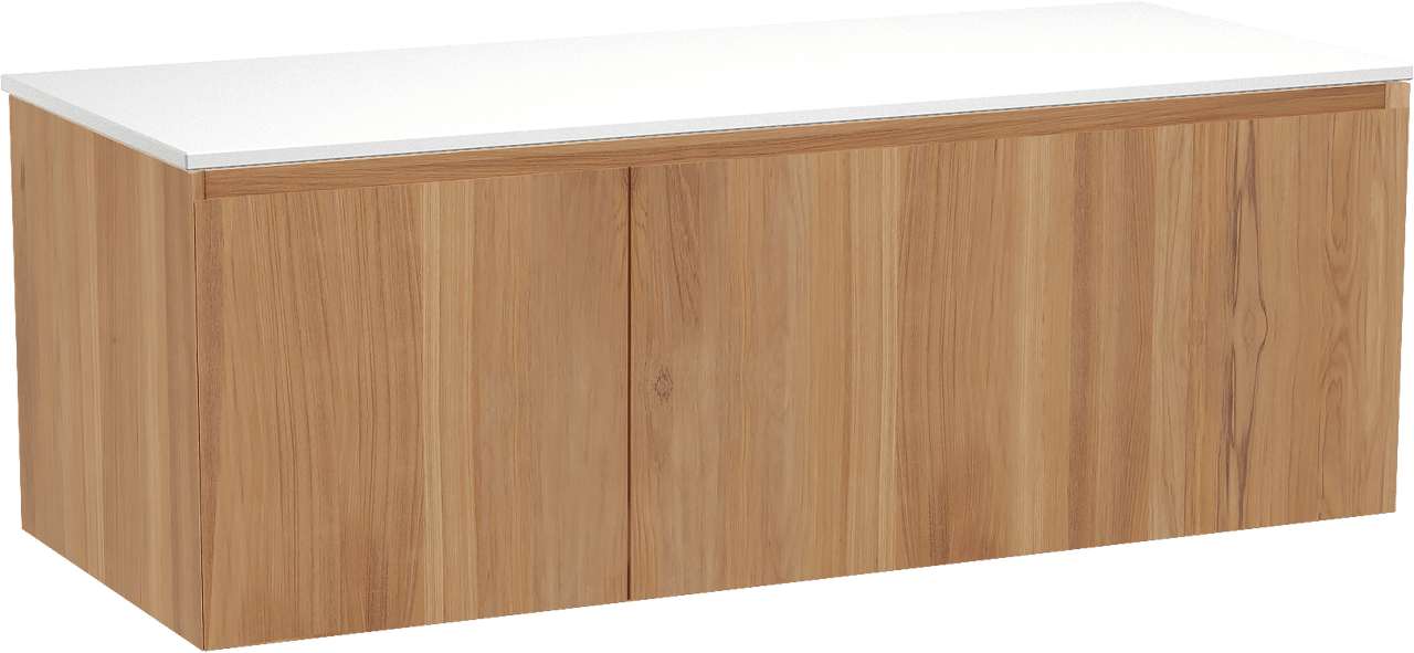 Balmani Idra zwevend badmeubel 135 x 55 cm teakhout met Stretto enkel of dubbel wastafelblad in solid surface mat wit