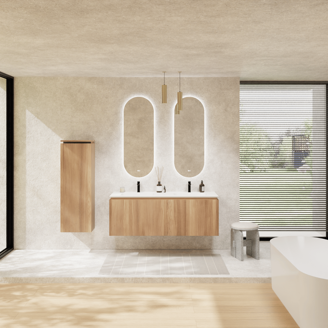 Balmani Eclips meuble salle de bains suspendu 150 x 55 cm Teck avec Eclips double vasque en Solid Surface blanc mat