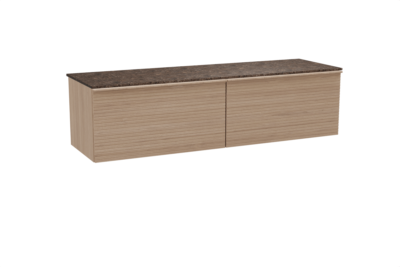 Balmani Forma zwevend badkamermeubel 180 x 55 cm natuur eik met Stretto enkel of dubbel tablet in marmer dark emperador, Horizontale symmetrische rechte ribbel