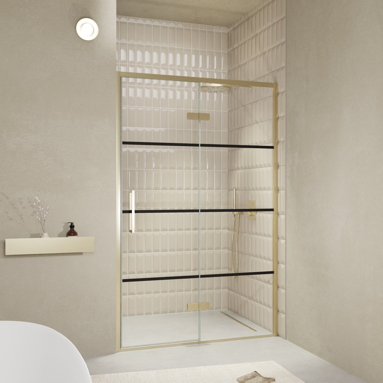 Balmani Senses Design douche draaideur rechts 140 cm x 210 cm Lined glas, Brushed Champagne Gold profielen