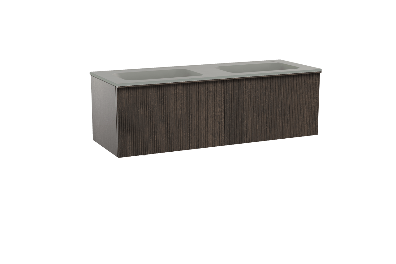 Balmani Forma hängendes Möbelstück Set: 150 x 55 cm, Geräucherte Eiche, mit Tablo Strada Doppelwaschtisch, Marmorkomposit, Seidengrau, Vertikale symmetrische gerade Rippe