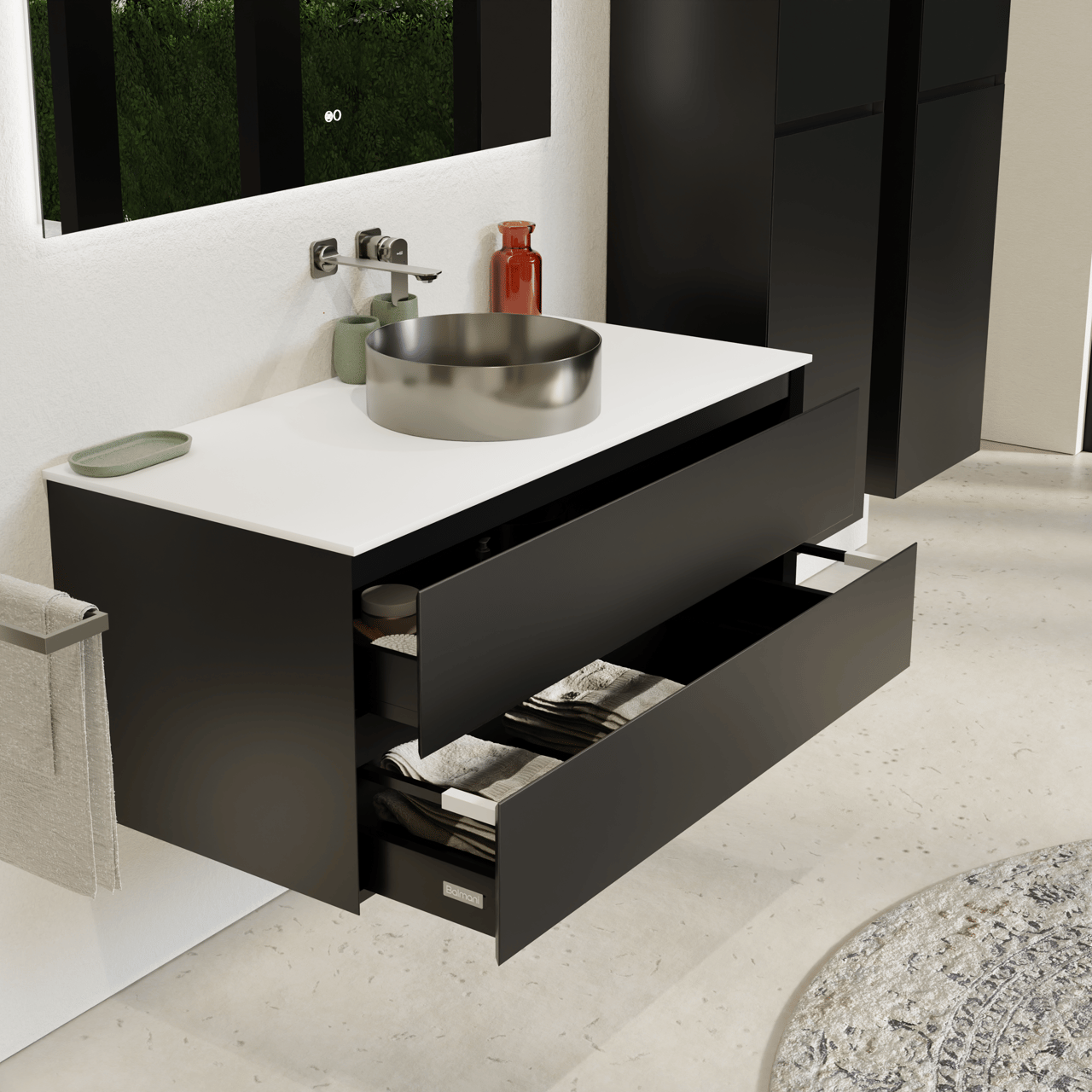 Balmani Mitra meuble salle de bains suspendu 120 x 55 cm noir mat avec Stretto tablette simple ou double en solid surface blanc mat