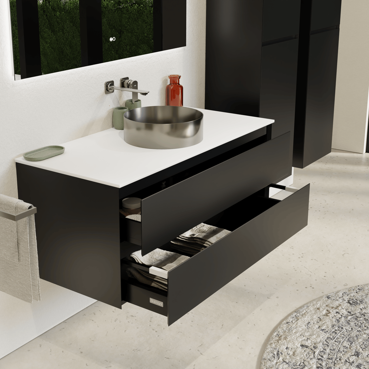 Balmani Mitra meuble salle de bains suspendu 120 x 55 cm noir mat avec Stretto tablette simple ou double en solid surface blanc mat