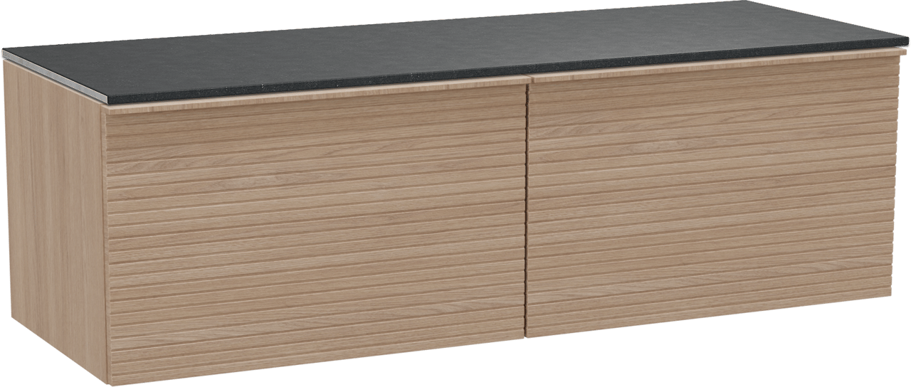 Balmani Forma zwevend badkamermeubel 150 x 55 cm natuur eik met Stretto enkel of dubbel tablet in graniet zwart, Horizontale symmetrische rechte ribbel