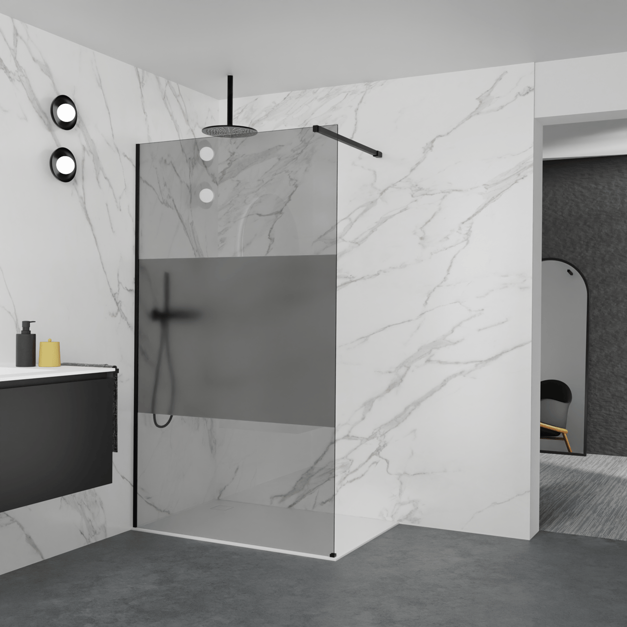 Balmani Modular Walk-In Dusche: 120 x 200 cm, Rauchglas mit mattiertem Streifen, Profil Schwarz matt