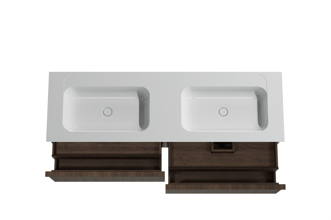 Balmani Forma meuble salle de bains suspendu 180 x 55 cm chêne fumé avec Tablo Strada double vasque en marbre composite blanc brillant, Nervure droite symétrique verticale