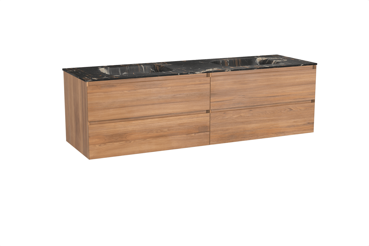 Balmani Mitra hängendes Möbelstück Set: 180 x 55 cm, Teak, mit Tablo Arcato Doppelwaschtisch, Marmor Portoro Gold