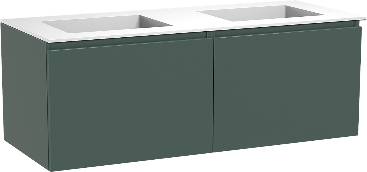 Balmani Sfera meuble salle de bains suspendu 135 x 55 cm forest avec Tablo Stretto double vasque en solid surface blanc mat