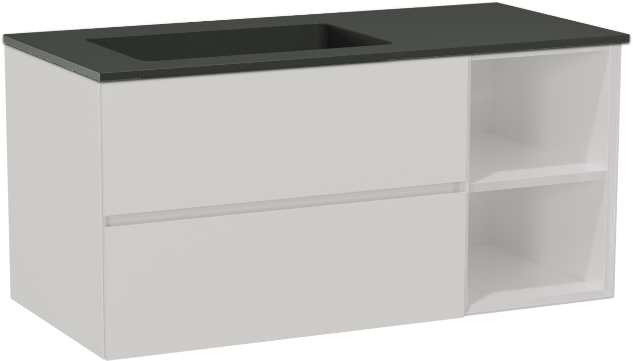 Storke Edge zwevend badmeubel 110 x 52 cm hoogglans wit met Scuro asymmetrisch linkse wastafel in kwarts mat zwart