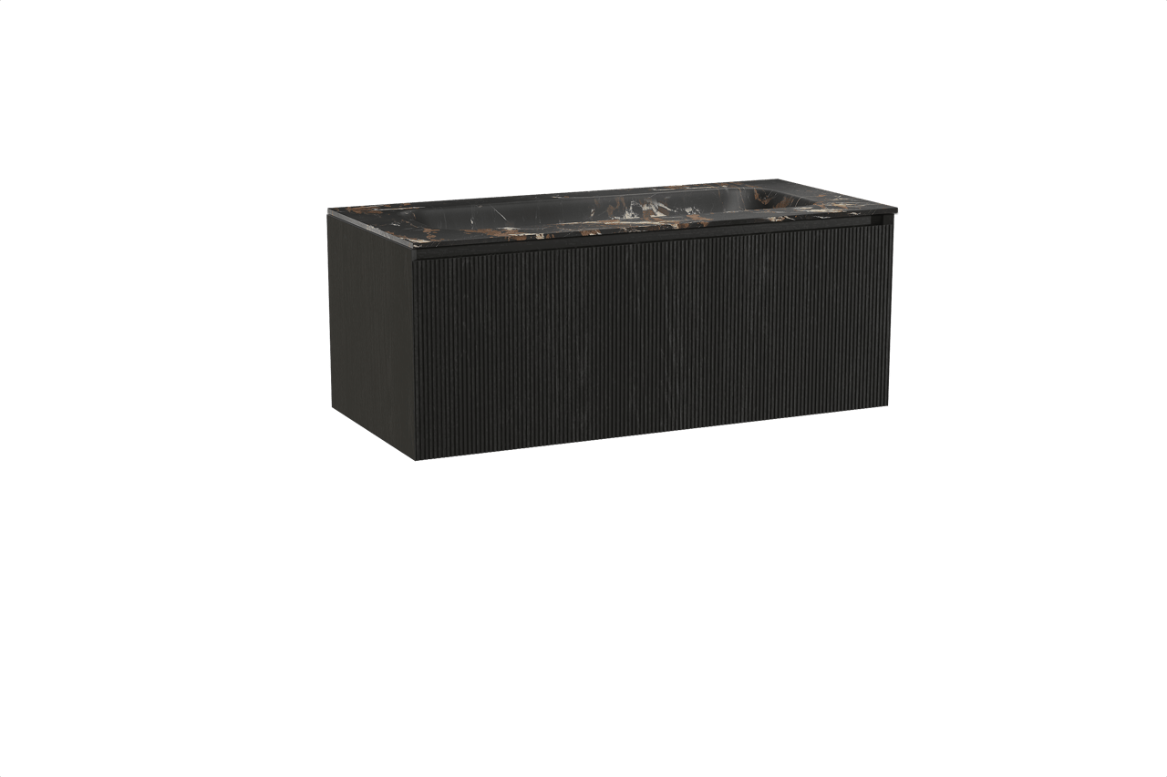 Balmani Fila meuble salle de bains suspendu 120 x 55 cm chêne noir avec Tablo Arcato lavabo simple pour 2 trous de robinet en marbre portoro gold, Nervure droite symétrique verticale