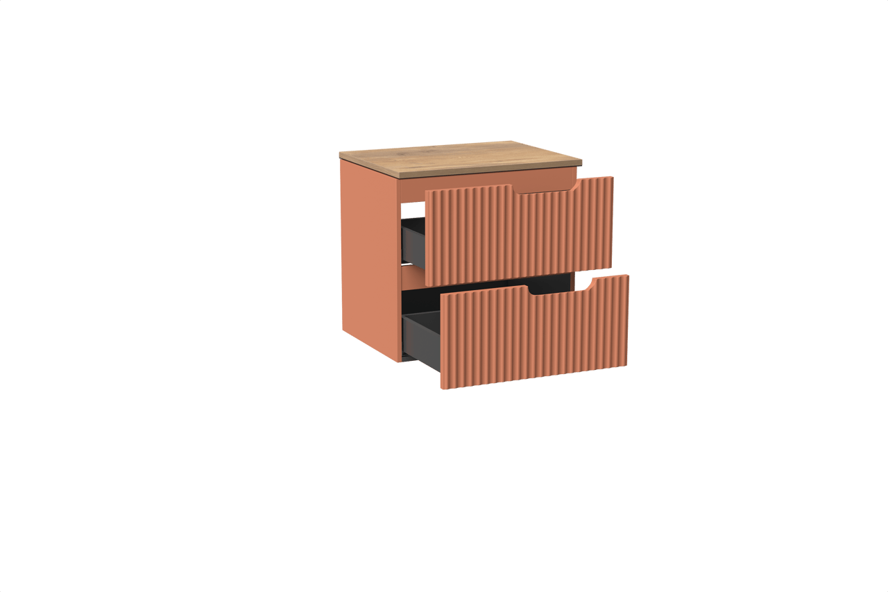 Linie Ribbo meuble salle de bains suspendu 60 x 46 cm cotto avec Lado tablette simple en mélaminé chêne naturel, Nervure circulaire symétrique verticale