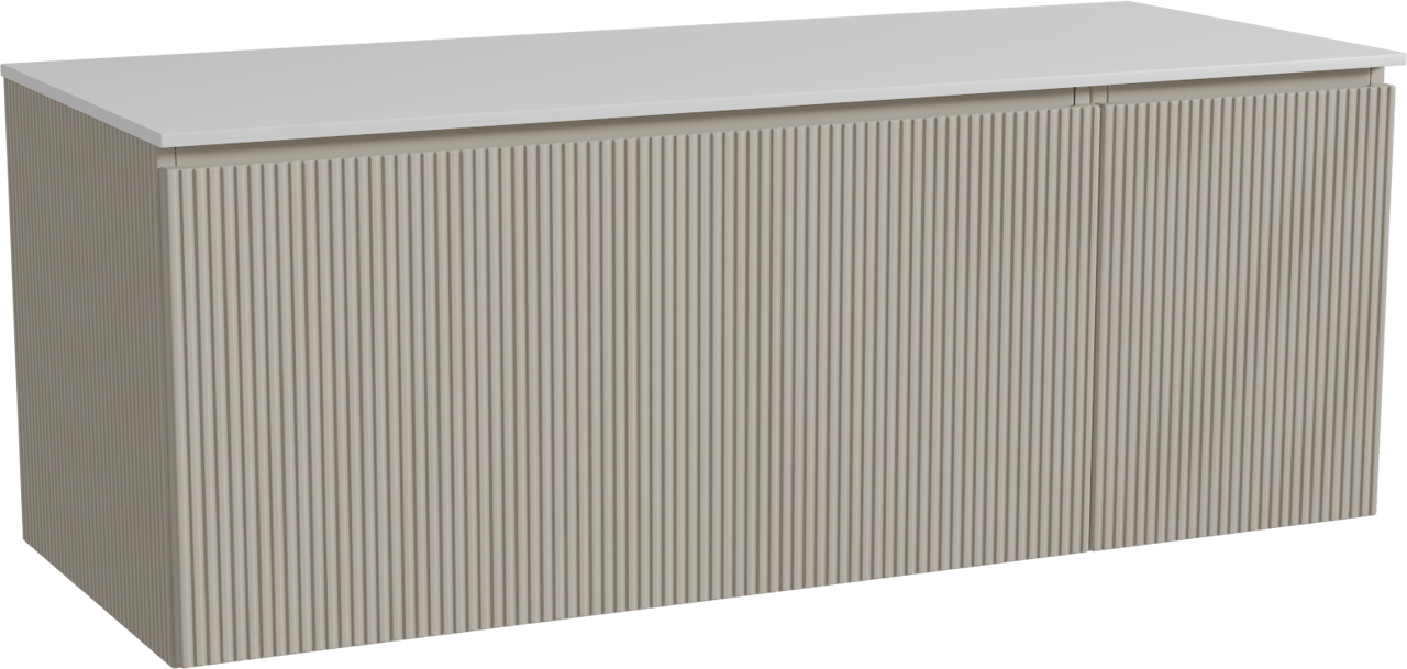 Storke Ribs meuble salle de bains suspendu 130 x 52 cm soie grise avec Tavola tablette simple ou double en solid surface blanc mat, Nervure droite symétrique verticale