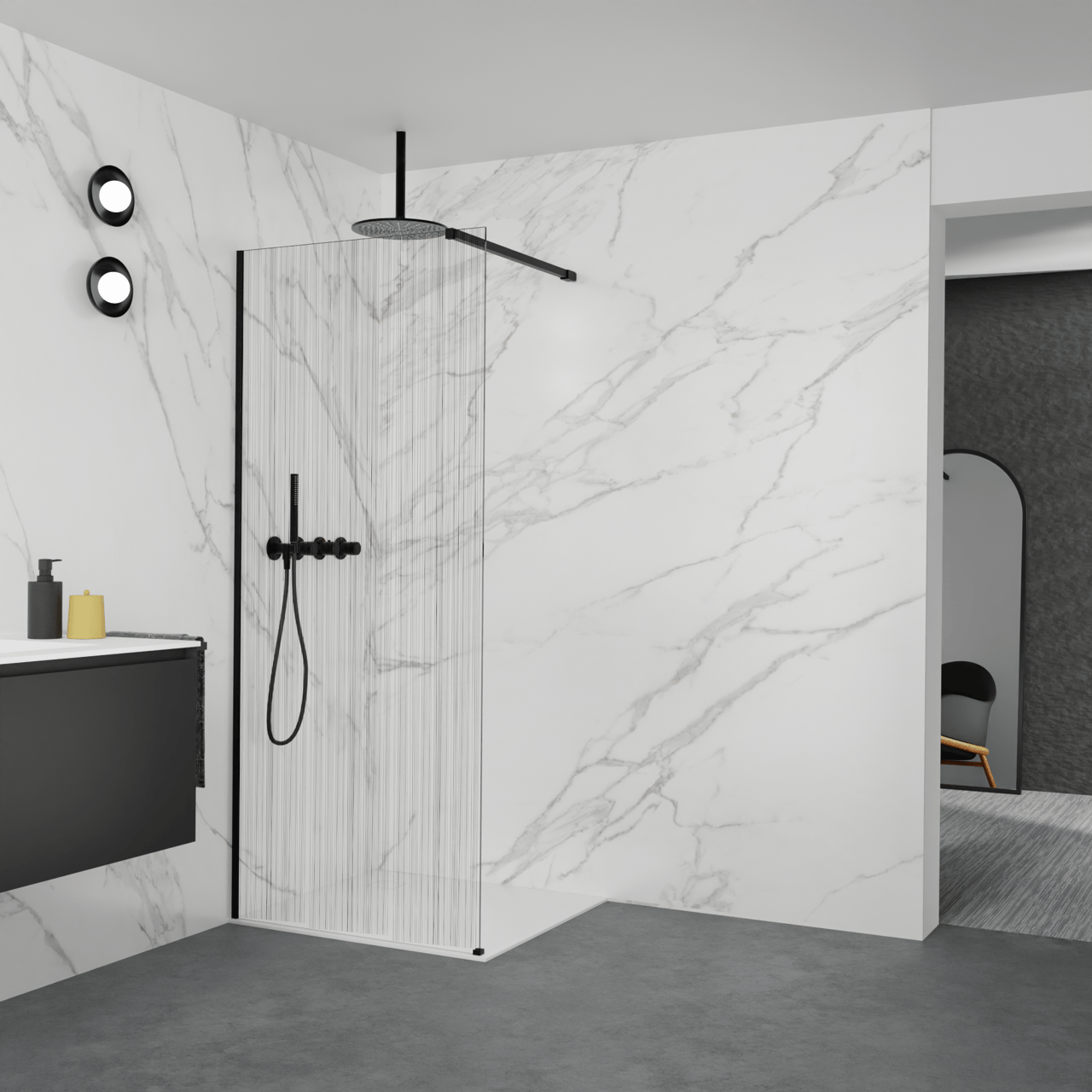 Balmani Modular douche à l'italienne: 90 x 200 cm, Mikado, Profil Noir mat